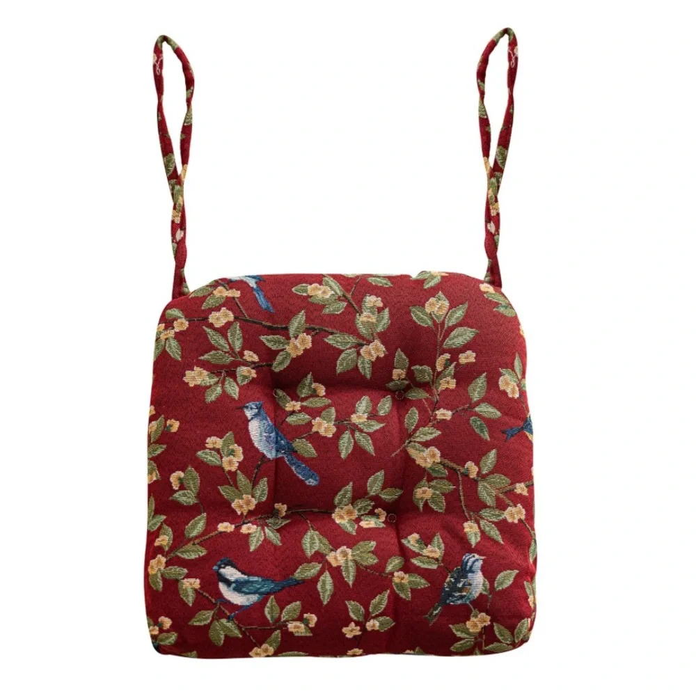 Floral Bird Print Chair Cushion in Burgundy Red